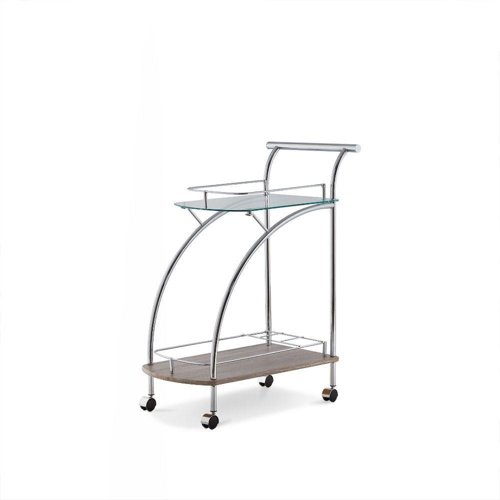Featuring a retro inspired design, the Badin serving cart has a floating top glass shelf for immediate access and a lower gallery shelf to keep your additional items safe from falling out. Finished in chrome and rolling on four plastic casters, this cart 