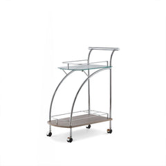 Featuring a retro inspired design, the Badin serving cart has a floating top glass shelf for immediate access and a lower gallery shelf to keep your additional items safe from falling out. Finished in chrome and rolling on four plastic casters, this cart 