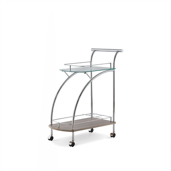 Featuring a retro inspired design, the Badin serving cart has a floating top glass shelf for immediate access and a lower gallery shelf to keep your additional items safe from falling out. Finished in chrome and rolling on four plastic casters, this cart 