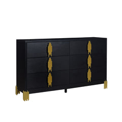 Introducing the Empire 6 Drawer Dresser in sleek black, a timeless addition to your bedroom decor. Crafted with durable eco-friendly materials and a sophisticated finish, this dresser exudes contemporary elegance. Its gleaming gold drawer pulls and feet e