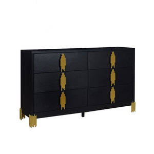 Introducing the Empire 6 Drawer Dresser in sleek black, a timeless addition to your bedroom decor. Crafted with durable eco-friendly materials and a sophisticated finish, this dresser exudes contemporary elegance. Its gleaming gold drawer pulls and feet e