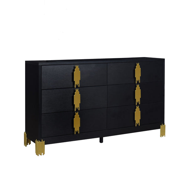 Introducing the Empire 6 Drawer Dresser in sleek black, a timeless addition to your bedroom decor. Crafted with durable eco-friendly materials and a sophisticated finish, this dresser exudes contemporary elegance. Its gleaming gold drawer pulls and feet e