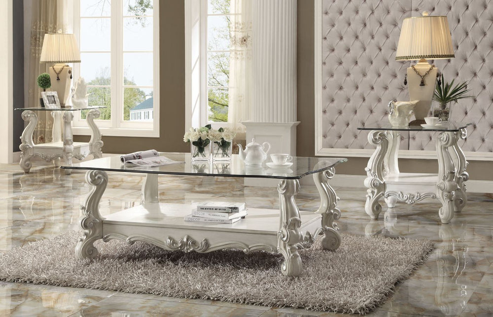 KD, Rectangular Coffee Table w/Glass Top â€¢ Open Compartment: Bottom Shelf â€¢ 10mm Clear Tempered Glass w/Beveled â€¢ Oversized Scrolled Legs & Shelf Apron: Poly Resin with Antique Constrast Finish<br/><br/><b>Product Features</b><ul><li>Exclusive Desig