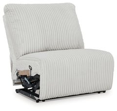 This armless recliner is made with polyester upholstery. Pairs with other items in the series to make a sectional.<br><br><b>Additional Dimensions</b><br><ul><li>Seat depth: 23-"</li><li>Seat height: 20-"</li><li>Fully reclined length: 66-"</li><li>Distan
