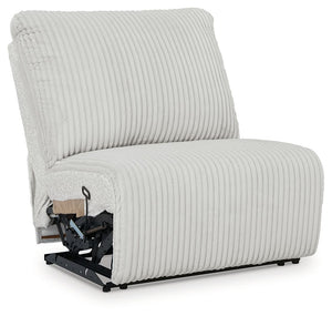 This armless recliner is made with polyester upholstery. Pairs with other items in the series to make a sectional.<br><br><b>Additional Dimensions</b><br><ul><li>Seat depth: 23-"</li><li>Seat height: 20-"</li><li>Fully reclined length: 66-"</li><li>Distan