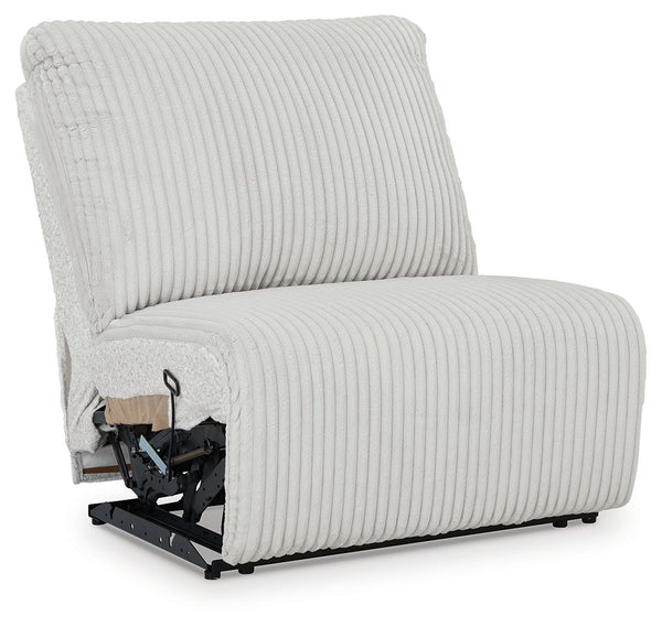 This armless recliner is made with polyester upholstery. Pairs with other items in the series to make a sectional.<br><br><b>Additional Dimensions</b><br><ul><li>Seat depth: 23-"</li><li>Seat height: 20-"</li><li>Fully reclined length: 66-"</li><li>Distan