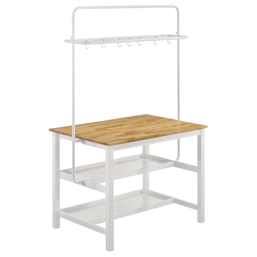 Expand the workspace and storage potential of your kitchen with a charming modern farmhouse kitchen island. Perfect for prep, it boasts a natural brown wood finish top with a butcher block-inspired look. Its white base is a crisp choice, lightening the ov