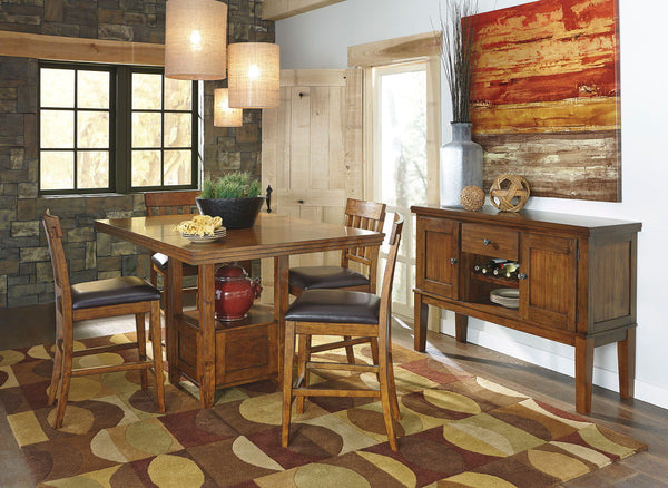 Made with select acacia veneers and hardwood solids. Gently distressed and burnished dark brown finish. D594-35 has a planked table design with thick-look tops and butterfly leaf. Seat covers in brown faux leather. Server features a working drawer along w