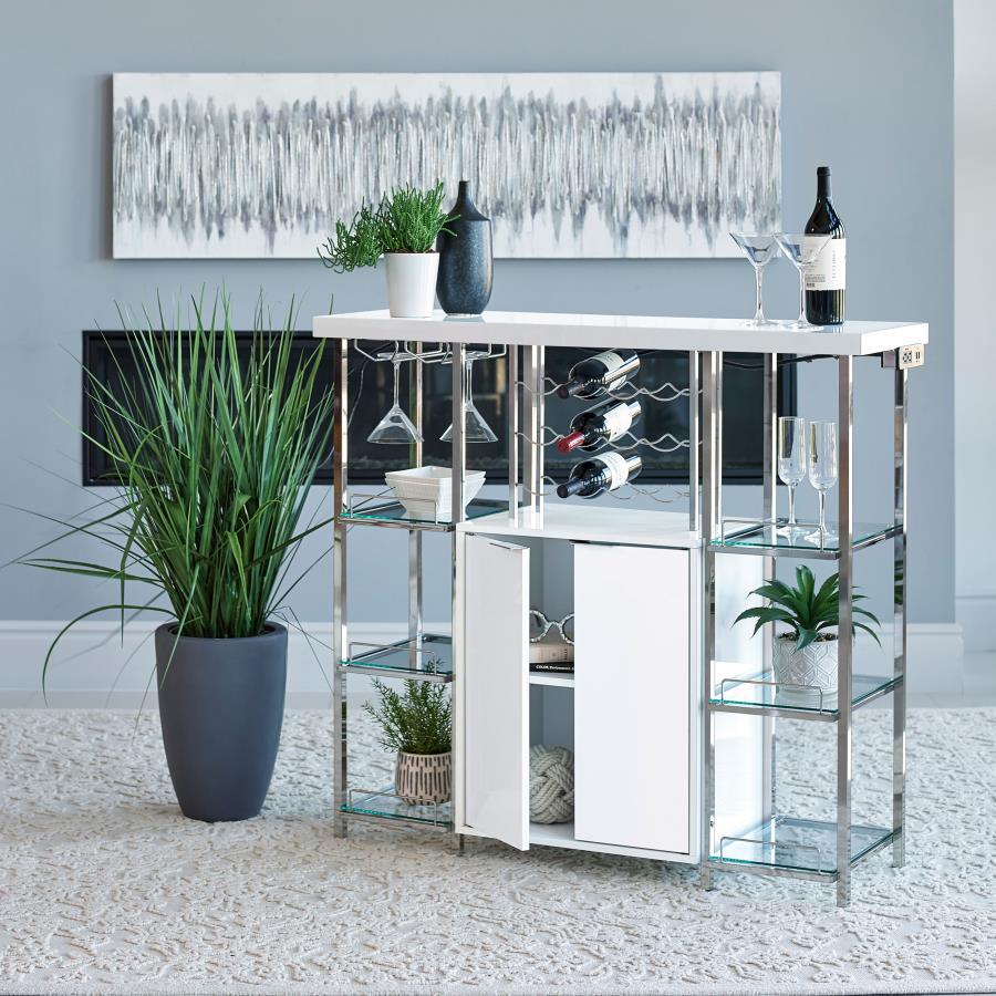 Cool and contemporary, this white bar cabinet exudes modern elegance. Crafted with sleek, shining lines of metal electroplated in chrome, it has a posh, polished look that will make your decor pop. Six tempered glass shelves and a stemware rack provide am