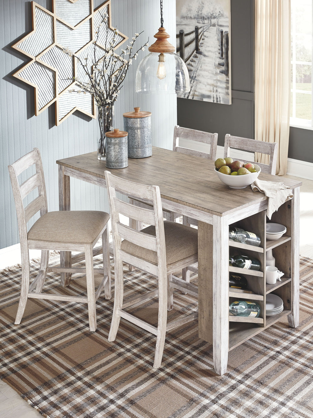 Made with Acacia veneers and select rubberwood solids, in a grayish white finish with rub through effect for a time worn appearance. Top is finished in a medium toned brown color with a planked effect with saw kerf distressing. Chair has a classic casual 