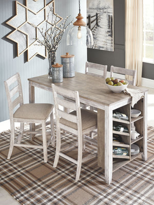  in a grayish white finish with rub through effect for a time worn appearance. Top is finished in a medium toned brown color with a planked effect with saw kerf distressing. Chair has a classic casual 