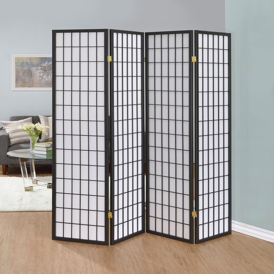 Fresh modern style brings a fun and functional addition to any space. Make this folding screen a staple in a modern living area or a commercial venue in need of privacy screens. With a linear grid design, it reflects a contemporary motif. Four hinged scre