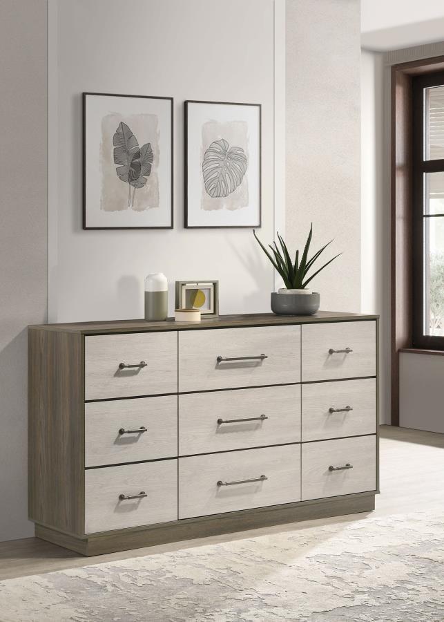 Introduce a blend of modern style and practical functionality to your bedroom with this sophisticated nine-drawer dresser. The contemporary two-tone melamine design offers a chic aesthetic, while the ample storage space ensures your belongings are neatly 