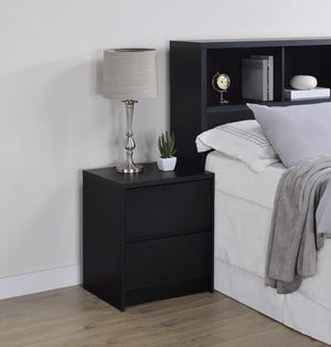  featuring a wood-inspired finish. It includes two spacious drawers for ample storage and an integrated dual USB charging outlet with USB-A and USB-C ports for fast and convenient device charging. A m