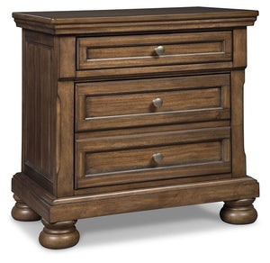 A fresh, new take on traditional style. This nightstand meets todayâ€™s design tastes with beauty and grace. Its tobacco brown finish allows the natural grain of the acacia veneers to show through in an organic way. Aged brass-tone knobs dress the fronts 