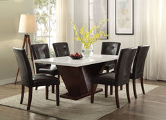 The Forbes dining collection features rectangular dining table with contemporary white marble top and contrasting V shape wooden pedestal in rich walnut finish.<br/><br/><b>Product Features</b><ul><li>Rectangular Leg Table</li><li>Real Marble Top</li><li>