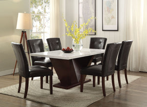 The Forbes dining collection features rectangular dining table with contemporary white marble top and contrasting V shape wooden pedestal in rich walnut finish.<br/><br/><b>Product Features</b><ul><li>Rectangular Leg Table</li><li>Real Marble Top</li><li>