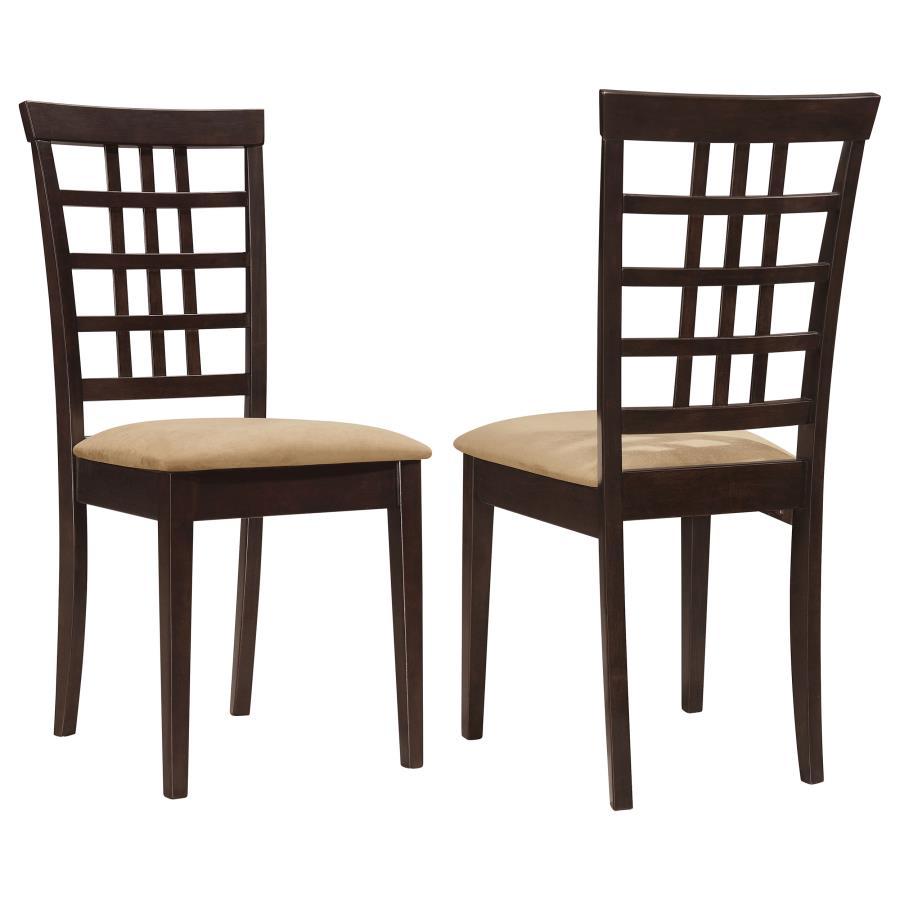 A variation on traditional decor, this cappuccino dining chair has a stunning openwork pattern. Featuring geometric shapes, the seat back displays framed squares and rectangles. Two angled back legs add a soft feel to the classic chair. A soft and light c