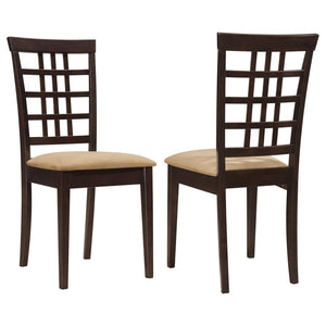 A variation on traditional decor, this cappuccino dining chair has a stunning openwork pattern. Featuring geometric shapes, the seat back displays framed squares and rectangles. Two angled back legs add a soft feel to the classic chair. A soft and light c