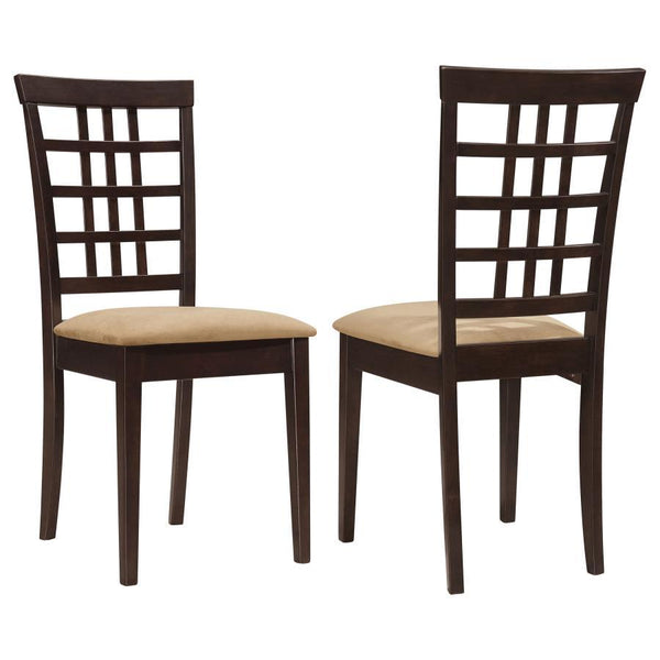 A variation on traditional decor, this cappuccino dining chair has a stunning openwork pattern. Featuring geometric shapes, the seat back displays framed squares and rectangles. Two angled back legs add a soft feel to the classic chair. A soft and light c