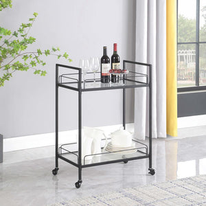  clean lines create a versatile and sleek aesthetic to this contemporary serving cart. Built with a slim metal frame in a black hammer tone powder coated finish with caster wheels