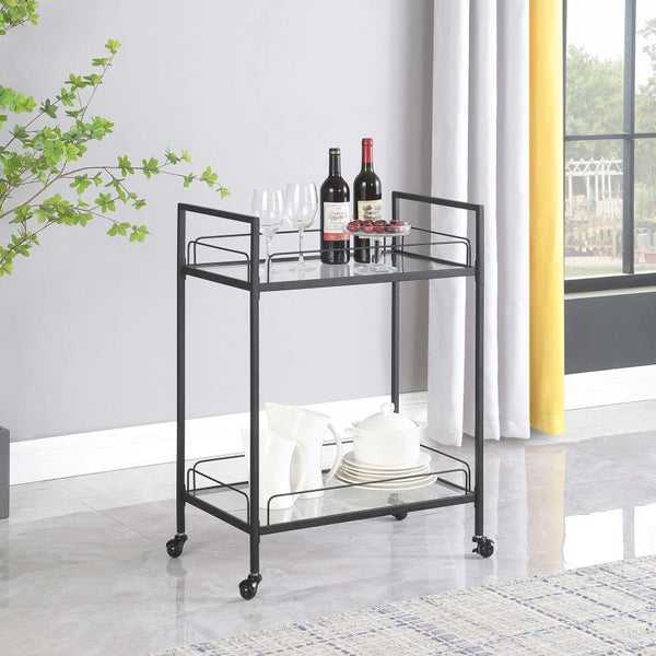  clean lines create a versatile and sleek aesthetic to this contemporary serving cart. Built with a slim metal frame in a black hammer tone powder coated finish with caster wheels