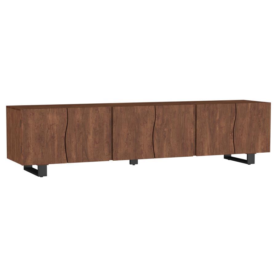 This spacious TV stand is crafted from solid mango wood, offering ample storage with its four doors and adjustable shelves. The mango brown finish highlights the natural beauty of the wood grain, giving it a warm and timeless look. Curved panel details on