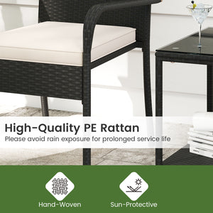 Crafted from appealing and long-lasting PE rattan<br>Comfortable to sit with ergonomic backrest and armrests<br>Soft seat cushions bring more coziness<br>Zippered cushion covers for simple maintenance<br>Side table with 2-tier design for more storage spac