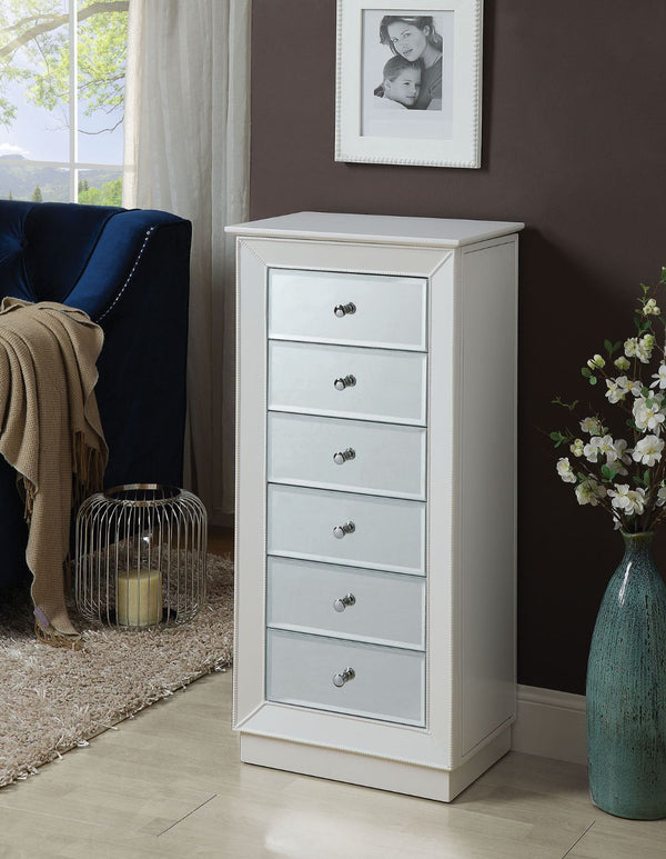 Assembled, 6 Drw Top Lid w/Mirror & Jewelry Storage (Velvet Lined) Side Doors w/Jewelry Storage (Hooks) Cabinet (No Legs) Drawer Front: Mirror Drawer: GLIDE Side Wood, Felt-Lined Drawers Anti-Tipping Strap Included<br/><br/><b>Product Features</b><ul><li>