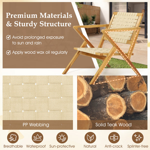 Built to last with solid teak wood construction<br>Slanted backrest for better support and comfort<br>Spacious seat offers ample room for relaxation<br>Webbing design adds elegance and ventilation<br>Wide armrests provide ultimate comfort<br>Sturdy triang