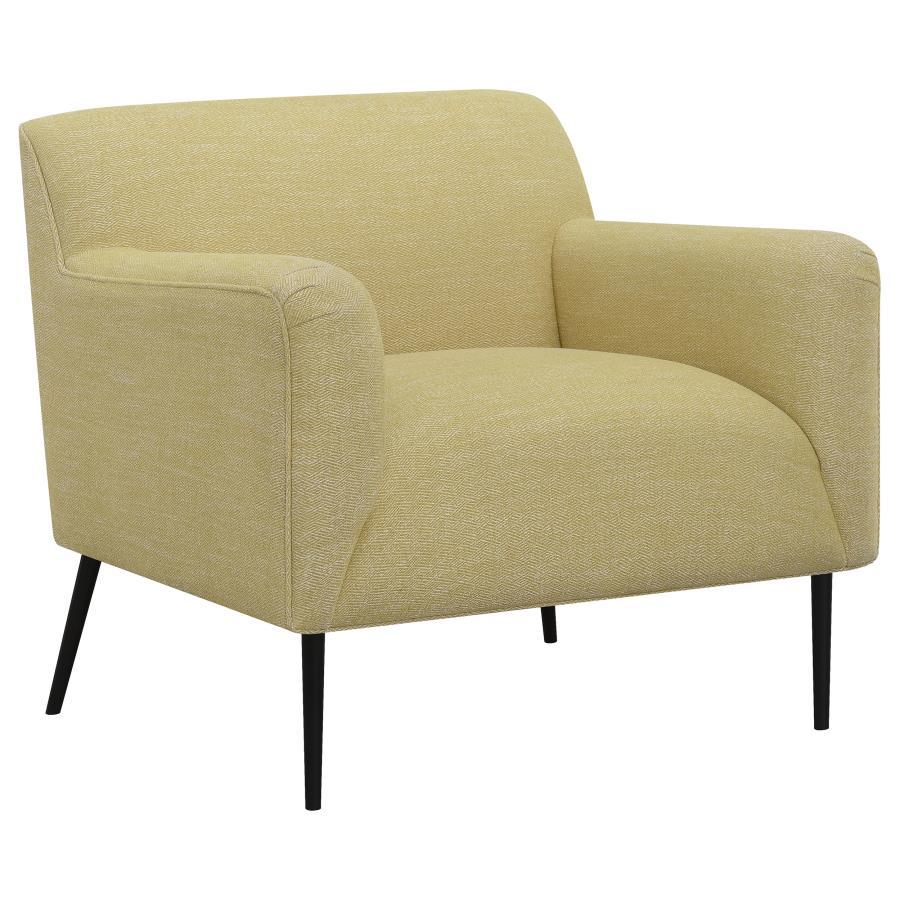 Upholstered in a beautiful, lemon polyester fabric, this contemporary accent chair is sure to catch the eye. The soft texture welcomes you to rest between soft track arms as you converse with friends or pick up a good book. Its cheerful, sunny disposition