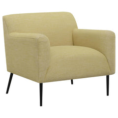 Upholstered in a beautiful, lemon polyester fabric, this contemporary accent chair is sure to catch the eye. The soft texture welcomes you to rest between soft track arms as you converse with friends or pick up a good book. Its cheerful, sunny disposition