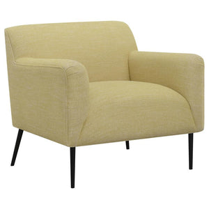 Upholstered in a beautiful, lemon polyester fabric, this contemporary accent chair is sure to catch the eye. The soft texture welcomes you to rest between soft track arms as you converse with friends or pick up a good book. Its cheerful, sunny disposition