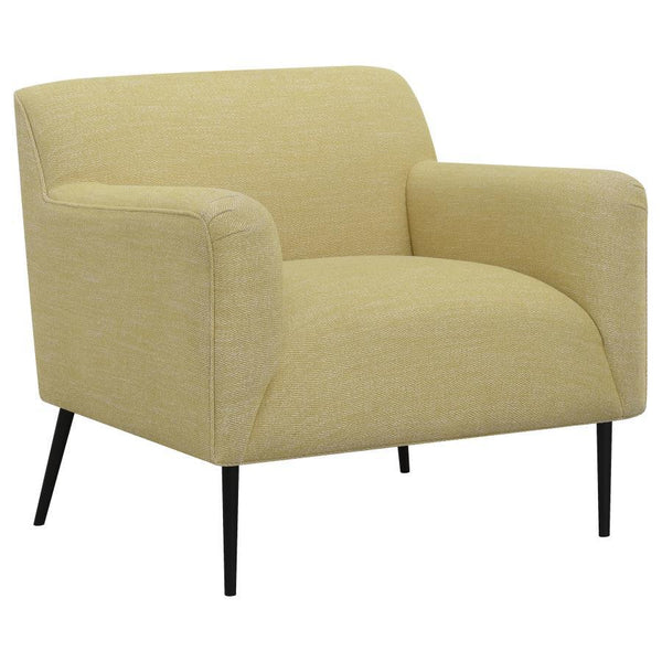 Upholstered in a beautiful, lemon polyester fabric, this contemporary accent chair is sure to catch the eye. The soft texture welcomes you to rest between soft track arms as you converse with friends or pick up a good book. Its cheerful, sunny disposition