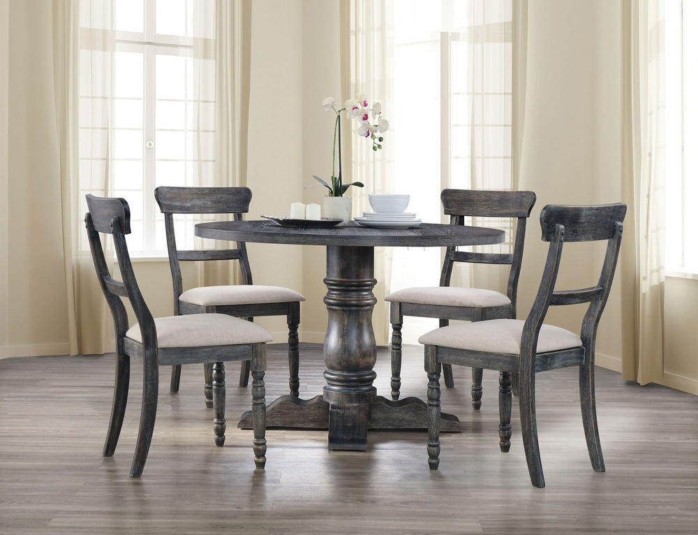 KD, Round Single Pedestal Table (NO Storage) Wooden Fixed Top: Weathered Finish, Straight Profile, Knotty Oak Veneer w/MDF: 18+18mm (NO Leaf/NO Apron) Wooden Single Pedestal: 14-" Empire Column Base<br/><br/><b>Product Features</b><ul><li>Round Single Ped