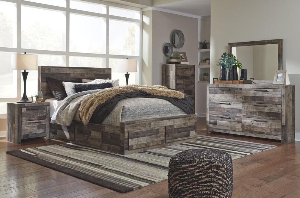 Rustic butcher block finish over replicated pine grain with authentic touch. Cases feature a framed front and pilasters. Bed features a thick and heavy design. Contemporary handles in an antiqued gunmetal finish. Side roller glides for smooth operating dr