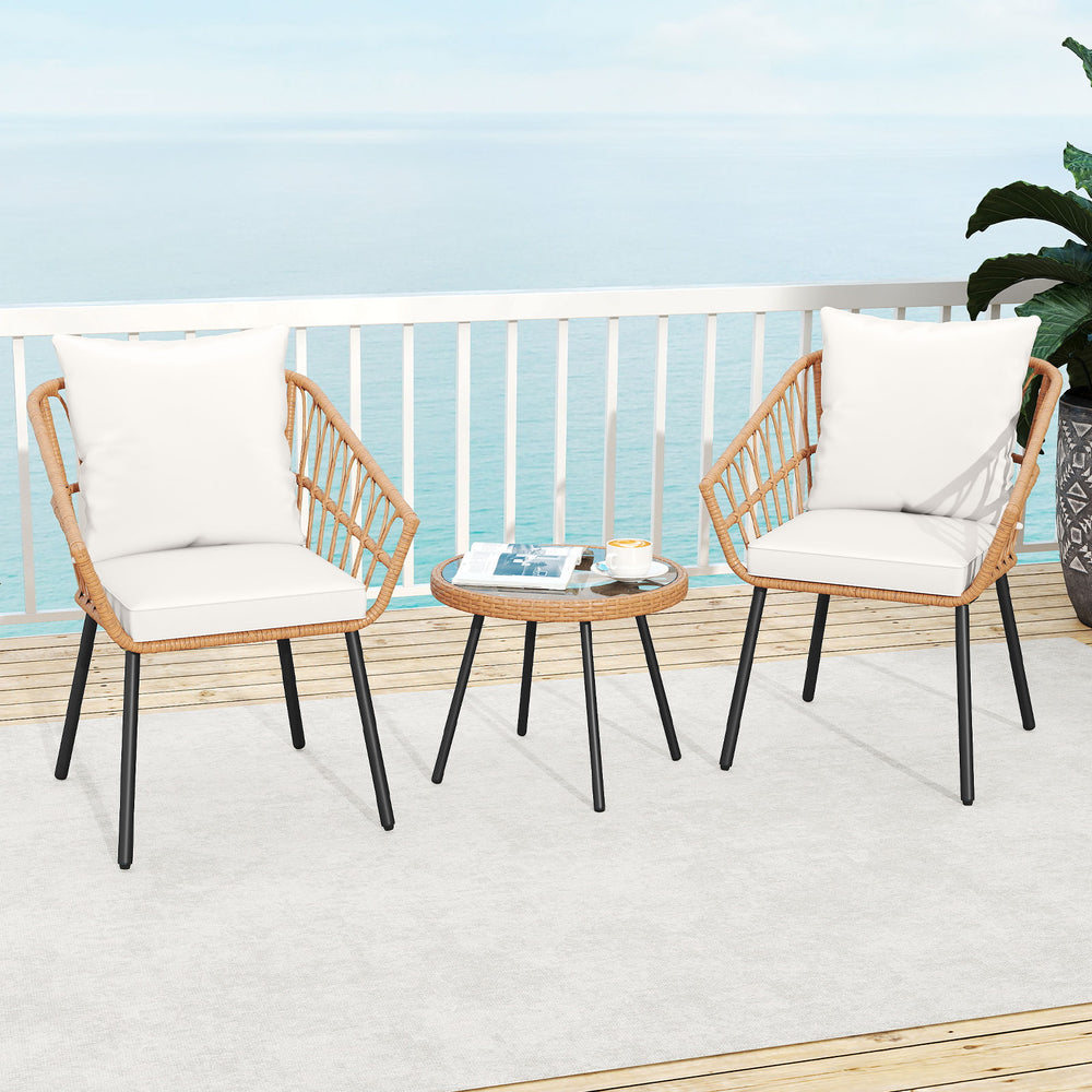 Hand-woven PE rattan combines durability with elegance<br>Soft cushions filled with high-elasticity sponge for added comfort<br>Easy-to-use zippers make it easy to detach and wash cushion covers<br>Thick metal tubes and triangular connectors for excellent