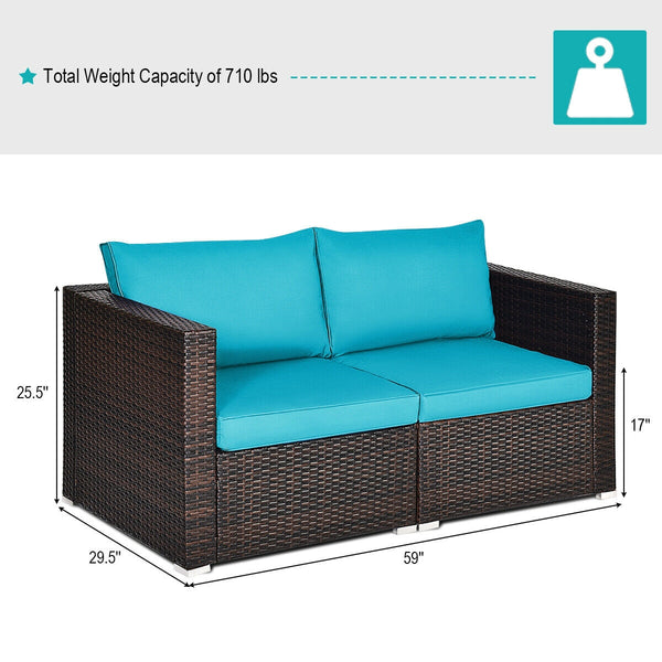 Power coated and solid steel frame adds sturdiness and durability<br>Tight and hand-woven rattan to withstand change of weather<br>2 of the corner sofas can be used separately<br>Aluminum foot pads protect bottom rattan from scratching<br>Wide armrest for