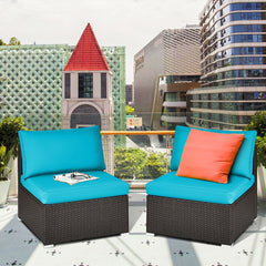 Power coated and solid steel frame adds sturdiness<br>Tight and hand-woven rattan to withstand change of weather<br>Two of the armless chairs can be used separately<br>Aluminum foot pads protect bottom rattan from scratching<br>Can be added to the same st
