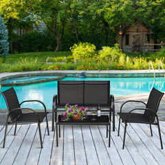 Including 1 loveseat  2 single sofas  and 1 tea table with a glass top<br>High quality and brand new<br>Modern and fashionable design<br>Solid steel frame  durable and sturdy<br>Tea table with a large tabletop<br>Perfect display<br>Wonderful for outdoor l