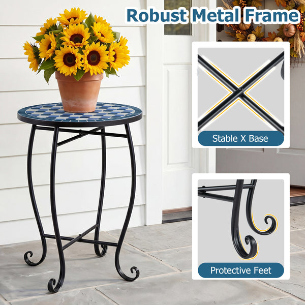 Robust metal frame with a stable X base<br>Features protective feet to avoid scratches<br>Serves as an outdoor side table or plant stand<br>Designed for backyard  poolside area  or indoors<br>Smooth surface for convenient maintenance<br>Assembly needed<br