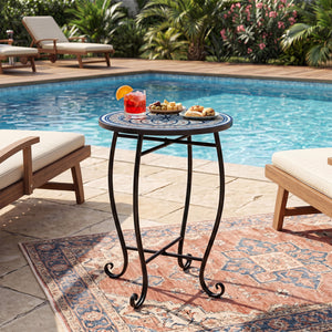 Robust metal frame with a stable X base<br>Features protective feet to avoid scratches<br>Serves as an outdoor side table or plant stand<br>Designed for backyard  poolside area  or indoors<br>Smooth surface for convenient maintenance<br>Assembly needed<br