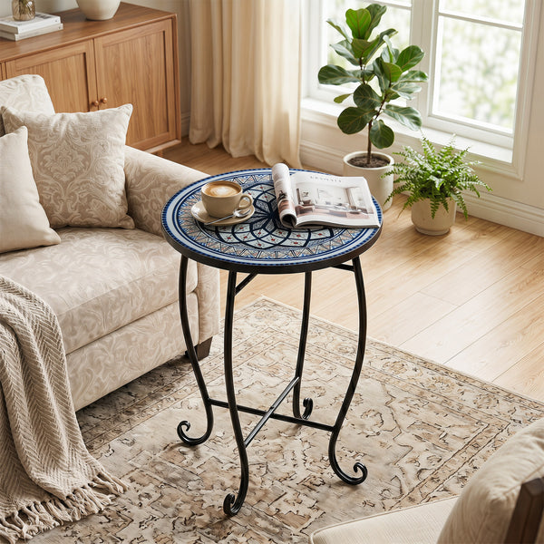 Robust metal frame with a stable X base<br>Features protective feet to avoid scratches<br>Serves as an outdoor side table or plant stand<br>Designed for backyard  poolside area  or indoors<br>Smooth surface for convenient maintenance<br>Assembly needed<br