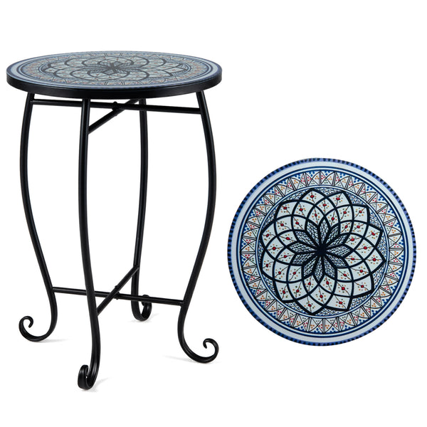 Robust metal frame with a stable X base<br>Features protective feet to avoid scratches<br>Serves as an outdoor side table or plant stand<br>Designed for backyard  poolside area  or indoors<br>Smooth surface for convenient maintenance<br>Assembly needed<br