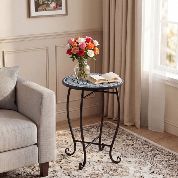 Robust metal frame with a stable X base<br>Features protective feet to avoid scratches<br>Serves as an outdoor side table or plant stand<br>Designed for backyard  poolside area  or indoors<br>Smooth surface for convenient maintenance<br>Assembly needed<br