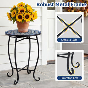Robust metal frame with a stable X base<br>Features protective feet to avoid scratches<br>Serves as an outdoor side table or plant stand<br>Designed for backyard  poolside area  or indoors<br>Smooth surface for convenient maintenance<br>Assembly needed<br