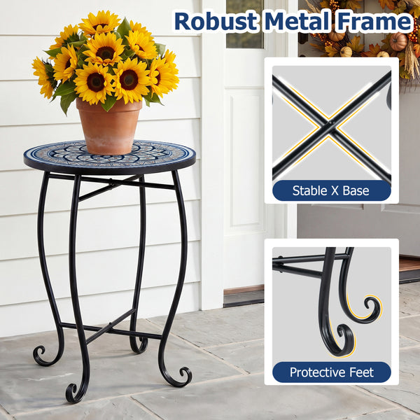 Robust metal frame with a stable X base<br>Features protective feet to avoid scratches<br>Serves as an outdoor side table or plant stand<br>Designed for backyard  poolside area  or indoors<br>Smooth surface for convenient maintenance<br>Assembly needed<br