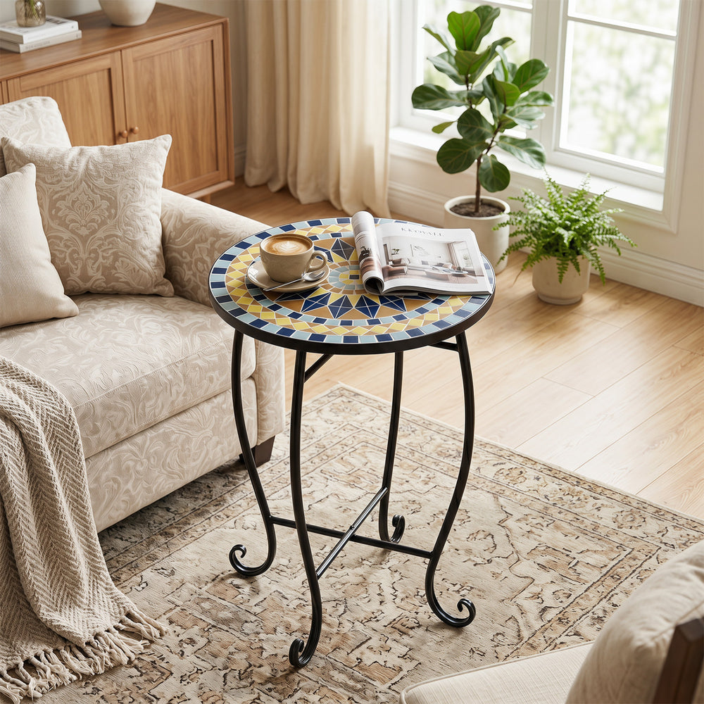 Robust metal frame with a stable X base<br>Features protective feet to avoid scratches<br>Serves as an outdoor side table or plant stand<br>Designed for backyard  poolside area  or indoors<br>Smooth surface for convenient maintenance<br>Assembly needed<br