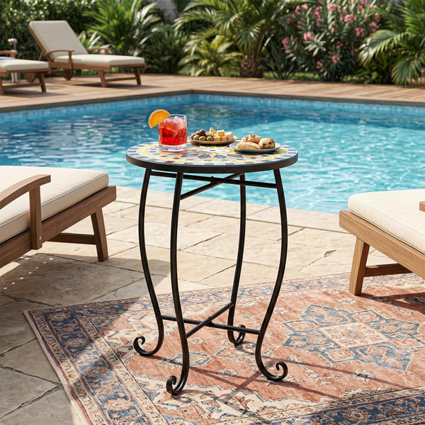 Robust metal frame with a stable X base<br>Features protective feet to avoid scratches<br>Serves as an outdoor side table or plant stand<br>Designed for backyard  poolside area  or indoors<br>Smooth surface for convenient maintenance<br>Assembly needed<br