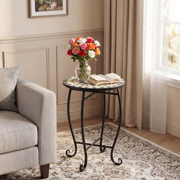 Robust metal frame with a stable X base<br>Features protective feet to avoid scratches<br>Serves as an outdoor side table or plant stand<br>Designed for backyard  poolside area  or indoors<br>Smooth surface for convenient maintenance<br>Assembly needed<br